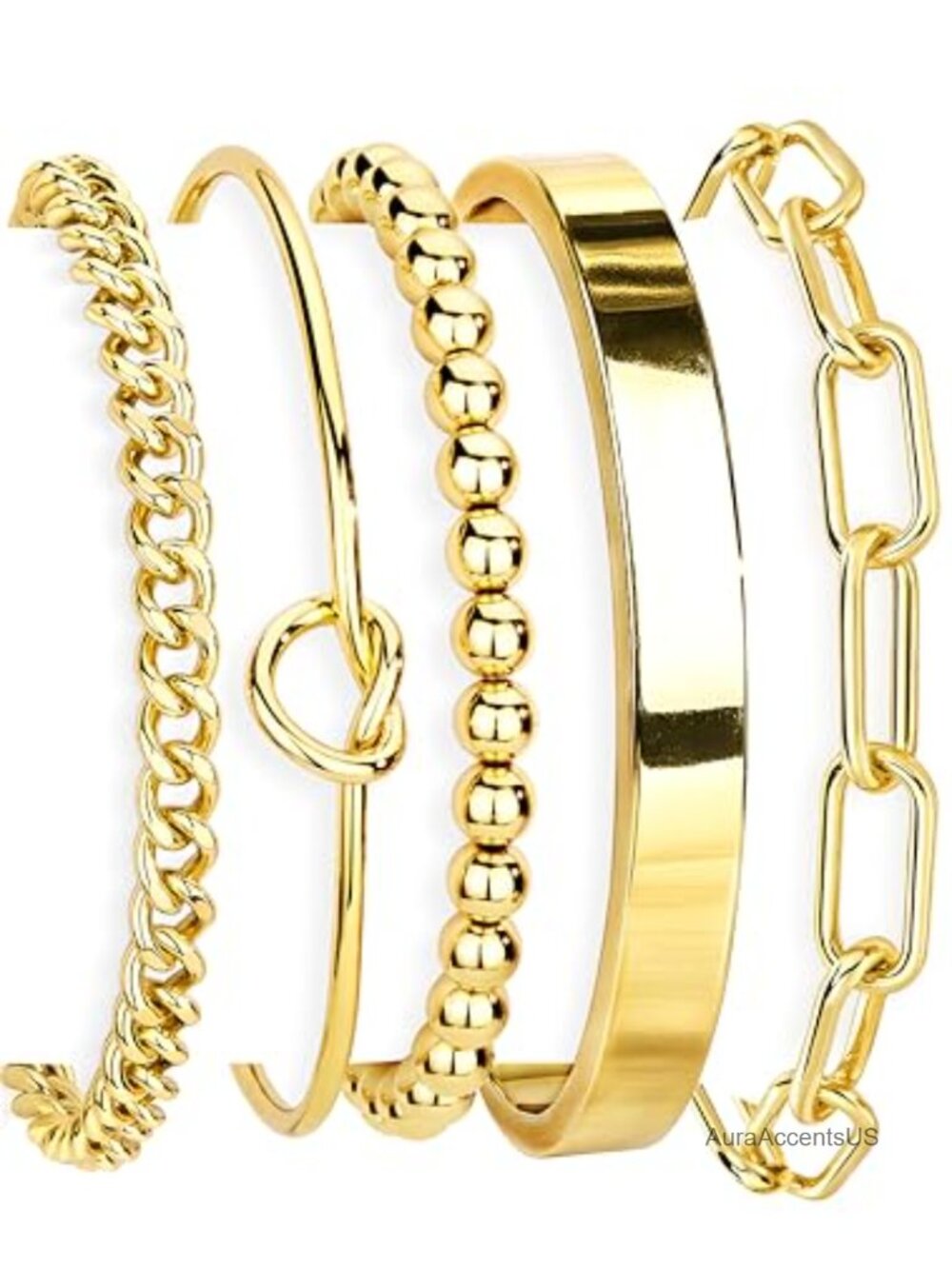 14K Gold Plated Sterling Silver Cuff Bracelet Set Stackable Waterproof Non